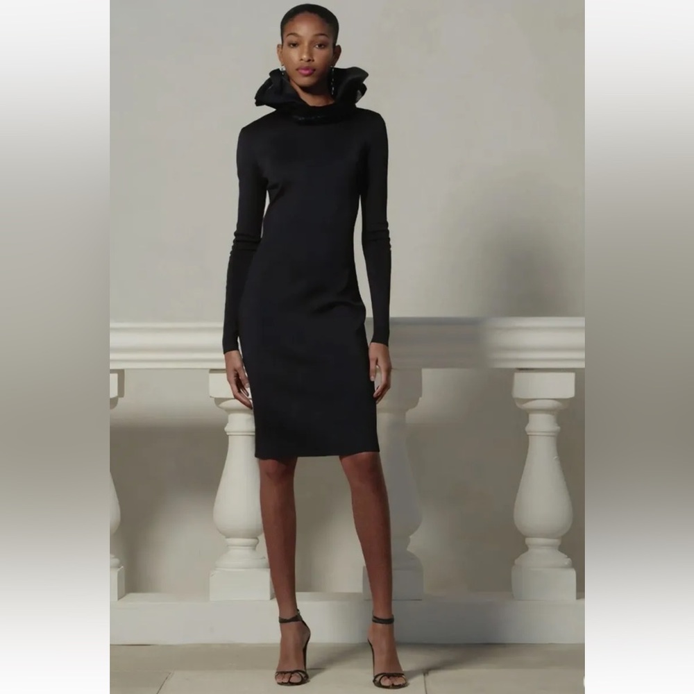 NWT $2990 Ralph  Lauren Collection Ruffle-Collar Long Sleeve Navy Dress